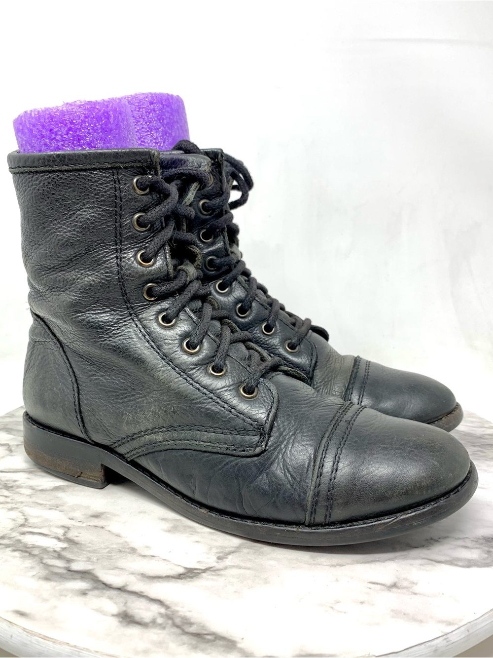 Steve Madden Distressed Black Leather Lace-Up Combat Boots 8 Grunge Emo Moto
